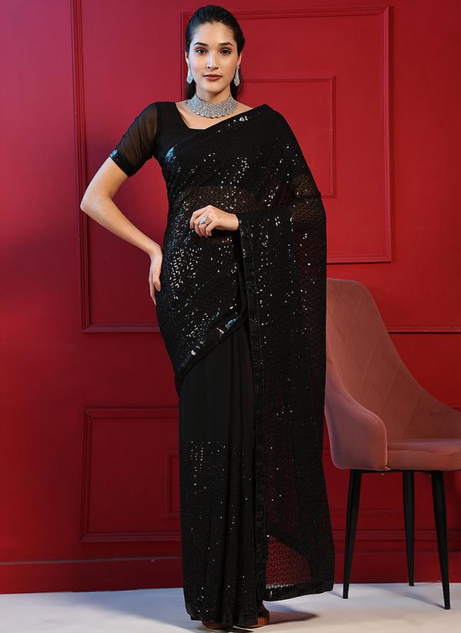 Blooming Georgette Black Party Wear Sequins Work Saree